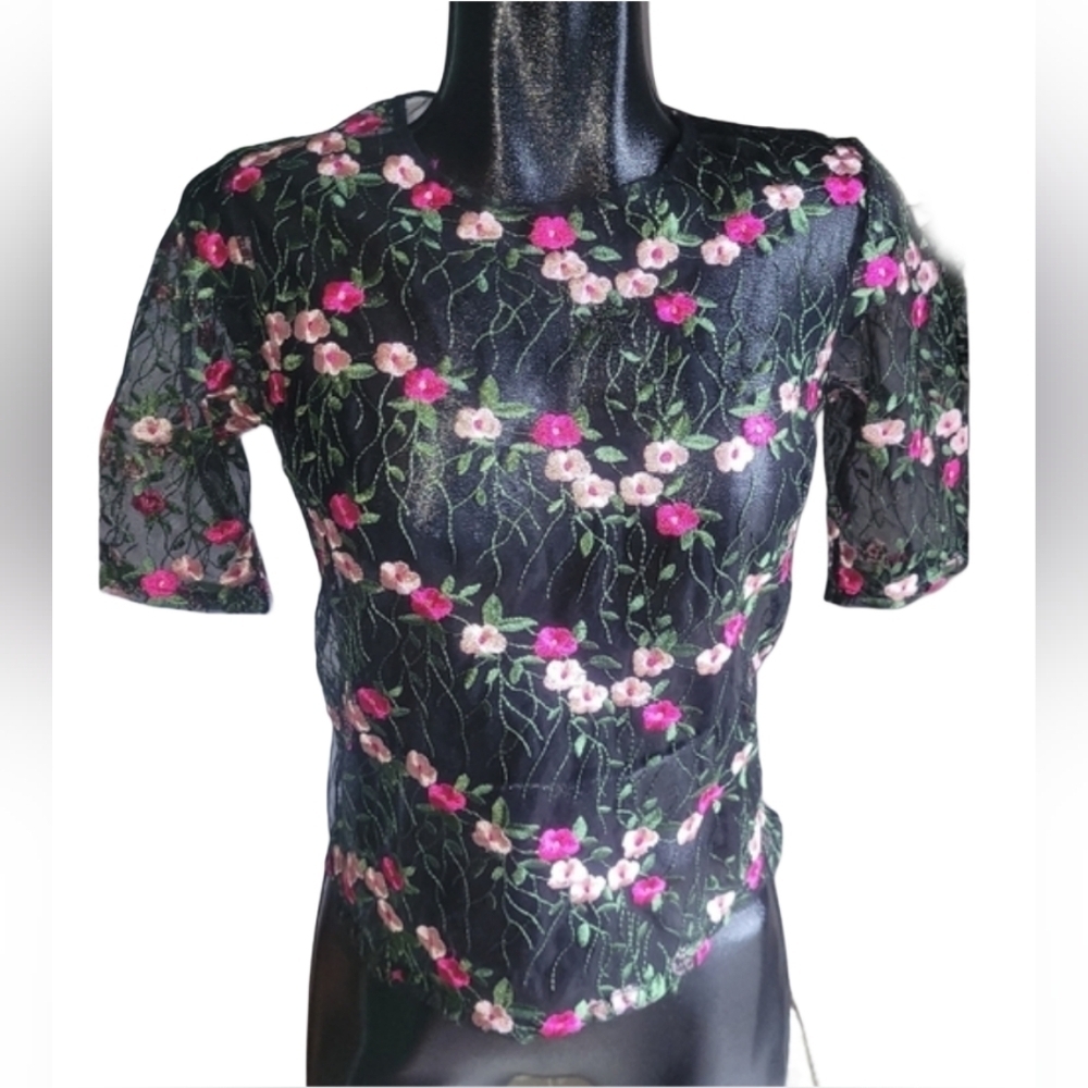 Streetwear Society Black Mesh Top with Embroidered Floral Pattern S